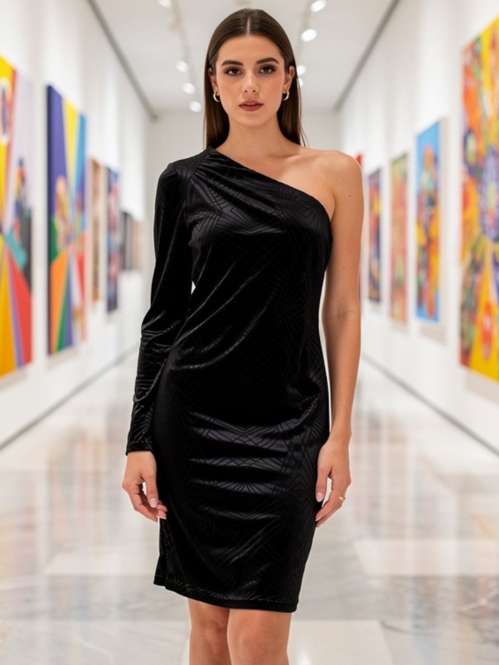 NWT Calvin Klein Black Velvet Burnout One Shoulder Cocktail Dress Size 2